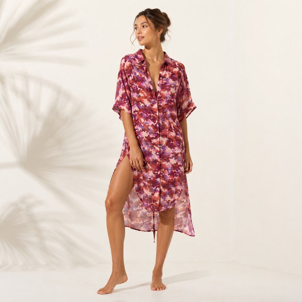 Anthropologie Beach Cover Up Tunic Small Pink Boho Button Front Swim Cover